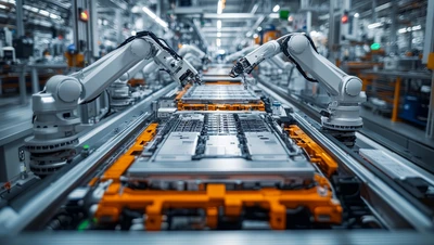 Industrial robot arms assemble lithium-ion EV battery packs in a modern factory, with a row of white robotic arms working on an automated production line in the electric car manufacturing process.