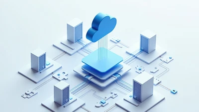 Cloud computing - A 3D illustration of a cloud computing network, showcasing data servers and interconnected devices in a minimalistic design.