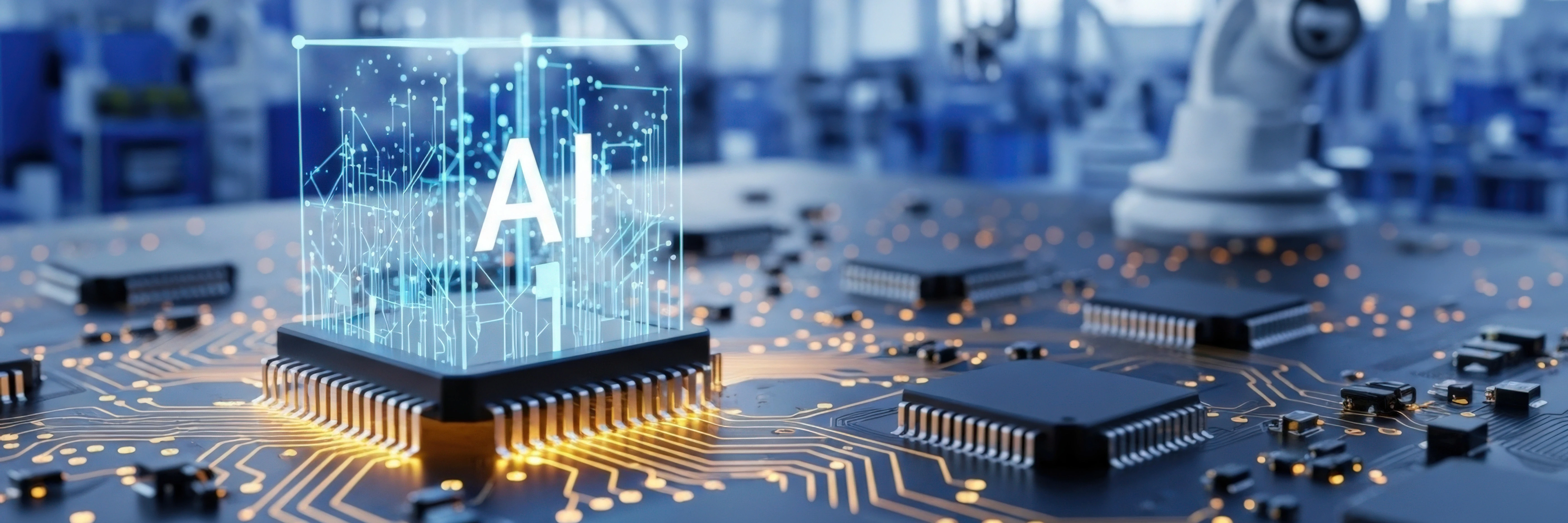 AI artificial intelligence technology concept. Machine learning, deep learning, industry 4.0 automation. Robotic arm in factory, CPU chip on circuit board. Future of manufacturing innovation. AI artificial intelligence technology concept. Machine learning, deep learning, industry 4.0 automation. Robotic arm in factory, CPU chip on circuit board. Future of manufacturing innovation.