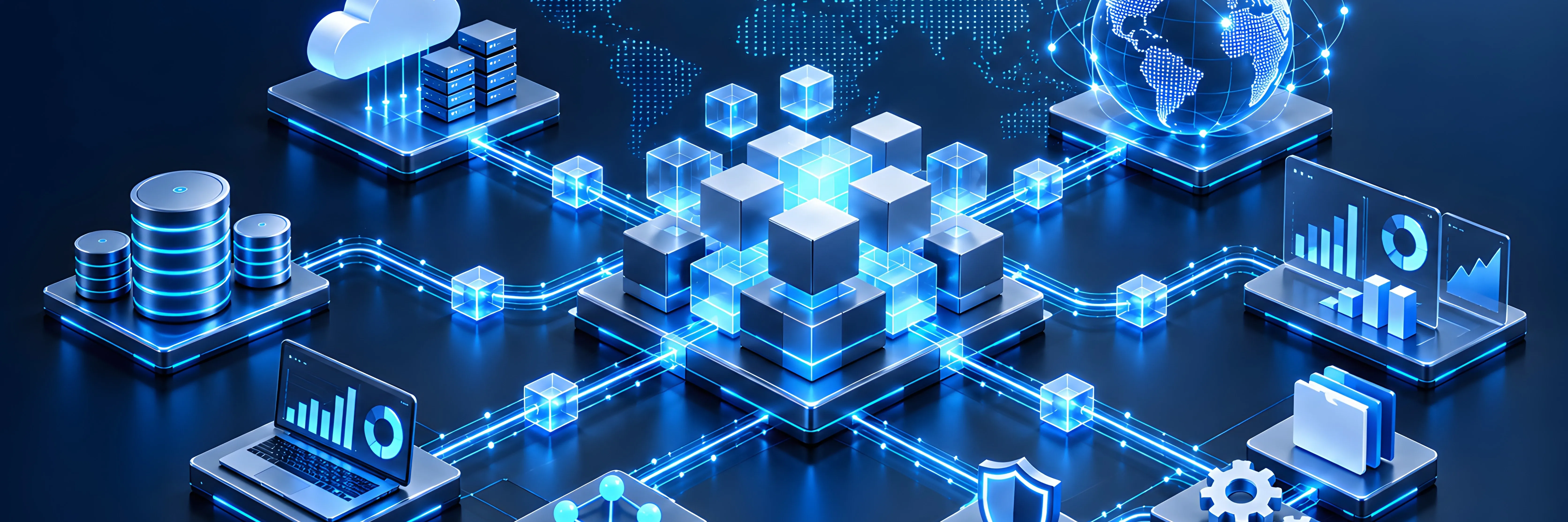 Global Cloud Computing Network Connecting Distributed Infrastructure, Data Platforms and Business Analytics Worldwide Global scalability